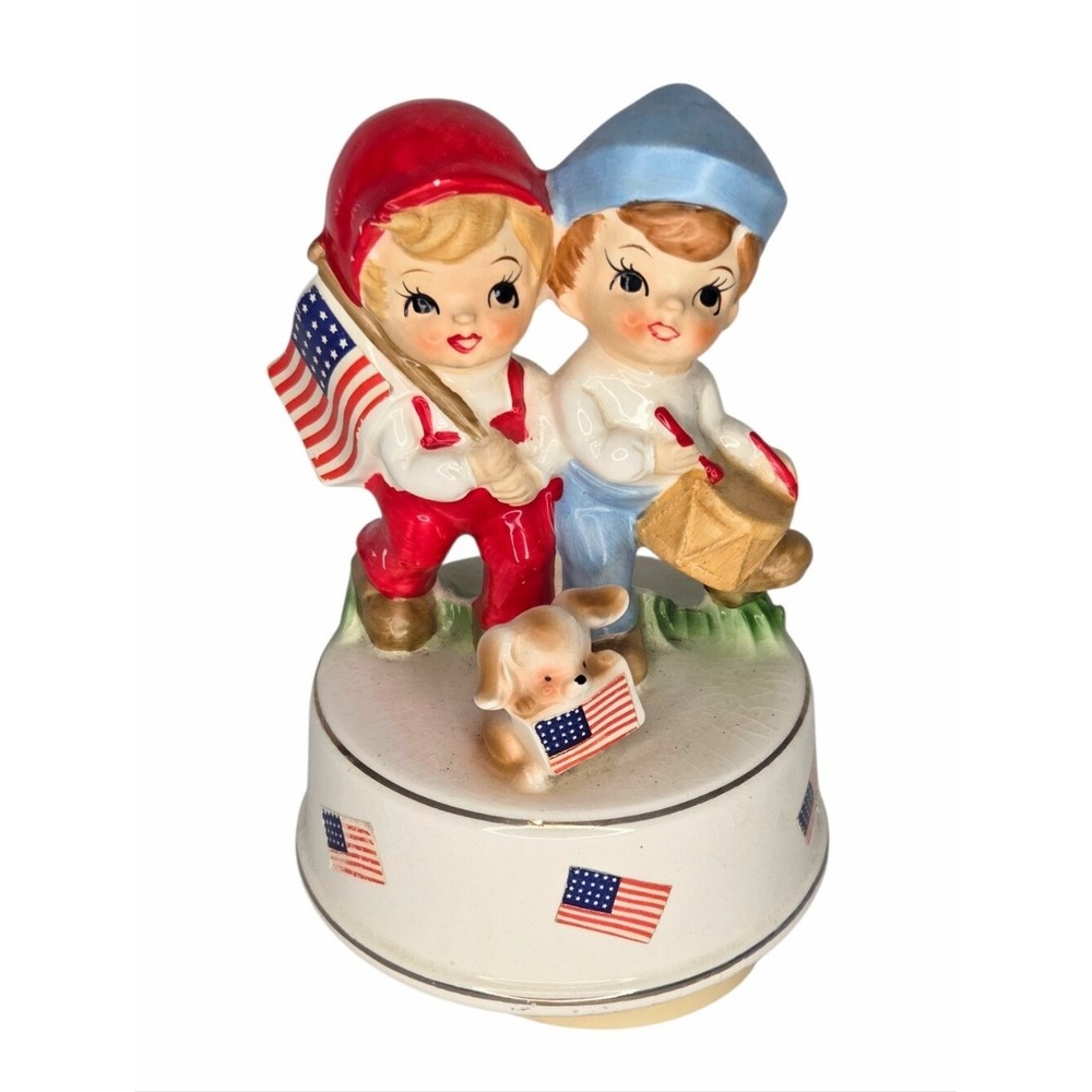 1960 Patriotic Children Rotating Music Box Japan American Flag God Bless America